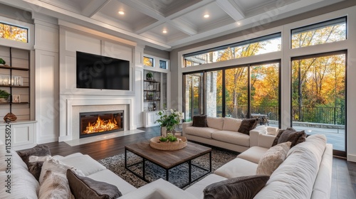 Wide-angle view of a modern living room interior, showcasing a functional and elegant design