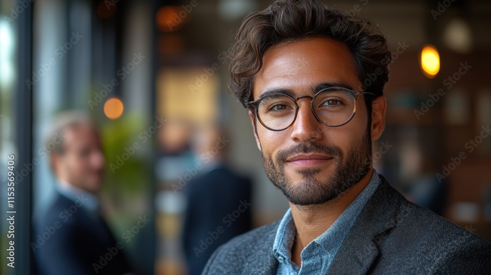 Confident young man in glasses smiling, dressed in a stylish blazer, with a blurred business meeting in the background, capturing a professional atmosphere of modern work life Confident young man in glasses smiling, dressed in a stylish blazer, with a blurred business meeting in the background, capturing a professional atmosphere of modern work life