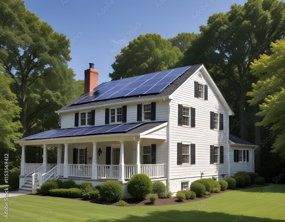 Fototapeta premium A traditional colonial home with a large solar panel array installed on the roof