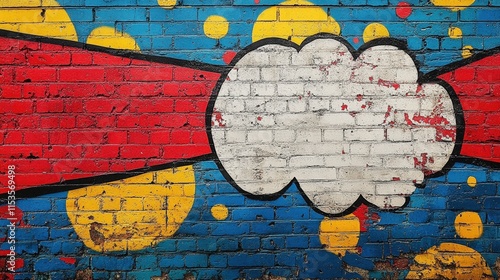 Colorful comic book style graffiti on brick wall with blank speech bubble.