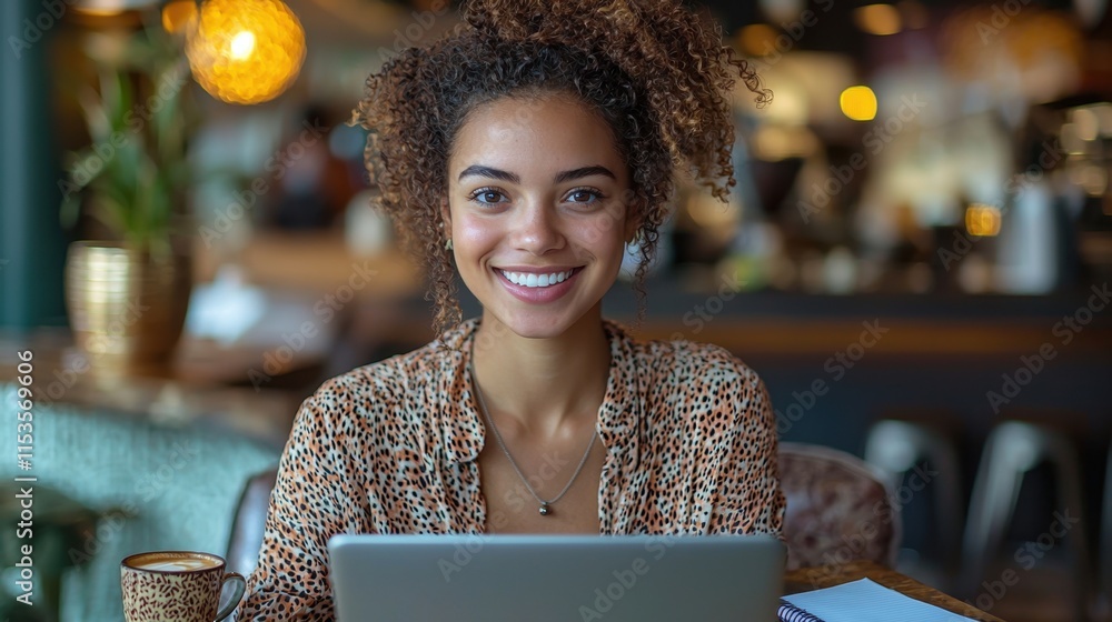 Smiling young woman working on laptop in a cozy cafe, enjoying coffee, with bright ambiance and natural light creating a welcoming atmosphere, perfect for remote work Smiling young woman working on laptop in a cozy cafe, enjoying coffee, with bright ambiance and natural light creating a welcoming atmosphere, perfect for remote work