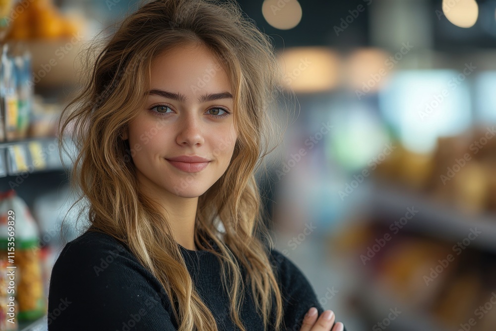 Young woman with long wavy hair smiling confidently in a grocery store aisle with blurred background, natural light and soft bokeh effect highlighting the scene. Young woman with long wavy hair smiling confidently in a grocery store aisle with blurred background, natural light and soft bokeh effect highlighting the scene.