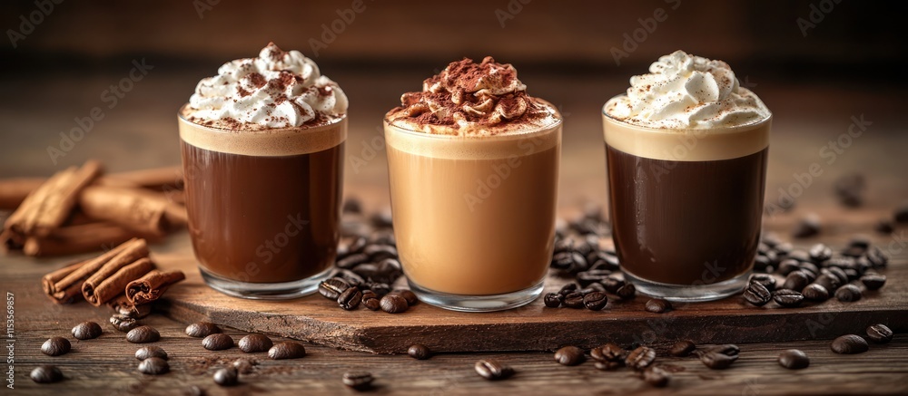 Three different coffee drinks with whipped cream and cinnamon sticks on a wooden table. Three different coffee drinks with whipped cream and cinnamon sticks on a wooden table.