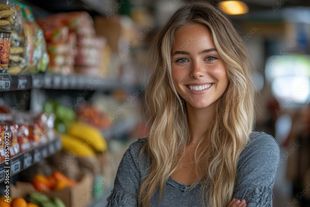 Fototapeta premium Young woman with long hair smiles brightly in a vibrant grocery store, surrounded by fresh produce and colorful snacks, showcasing a joyful shopping experience