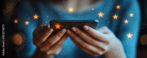 User submitting a satisfaction survey on a mobile phone, glowing service rating stars, highquality customer review feedback, sleek and modern app interface, hyperrealistic visuals photo