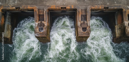 A top-down view of three water locks on the river, with waves crashing against them and splashing up from below.  photo