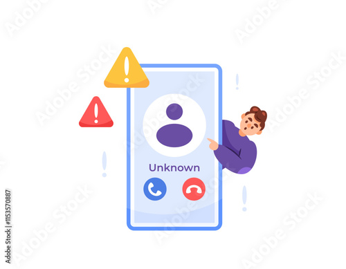 unknown call concept. warning to be careful with calls from unknown numbers. danger and be careful with fraud via telephone. scam and spam. illustration of a man getting an unknown call. flat style