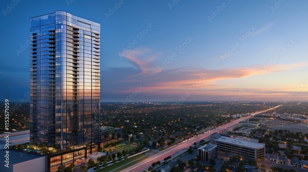 Fototapeta premium Modern glass skyscraper at sunset, city view.