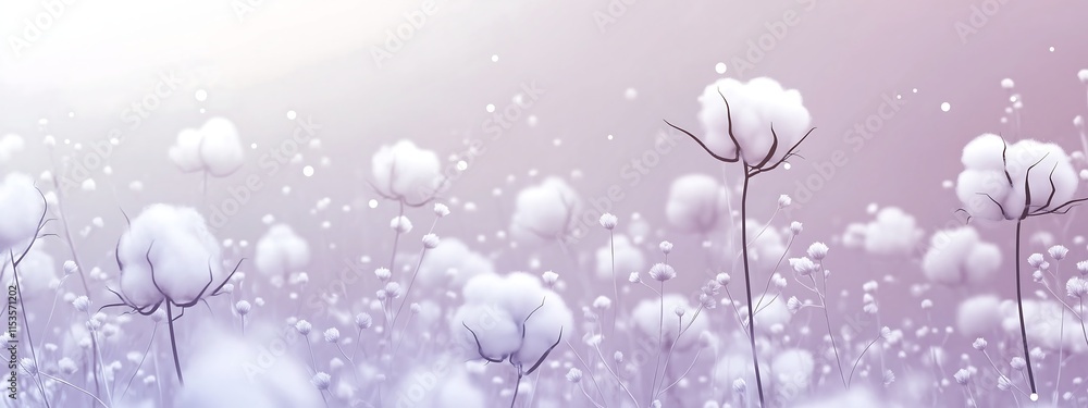 Flat purple and white gradient background, front view, cotton floating upwards with white plant fibers Flat purple and white gradient background, front view, cotton floating upwards with white plant fibers
