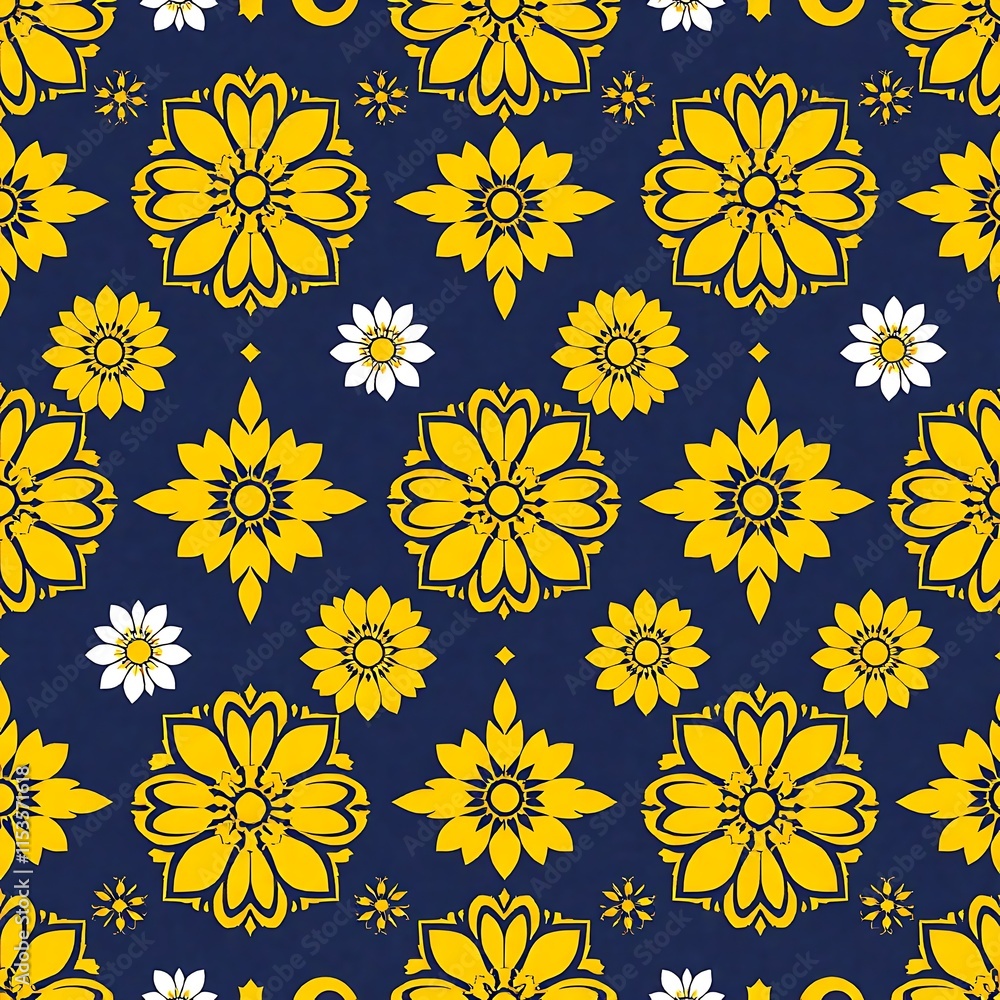 Floral Symphony: A captivating seamless pattern of intricate yellow flowers on a deep blue background with white accents. The intricate details create a sense of rhythm and elegance. Floral Symphony: A captivating seamless pattern of intricate yellow flowers on a deep blue background with white accents. The intricate details create a sense of rhythm and elegance.
