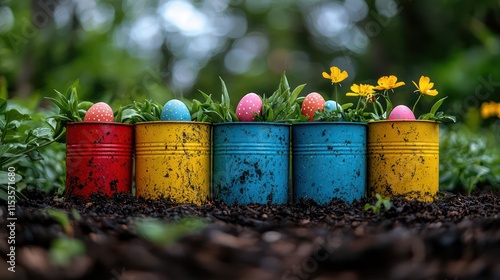 A backyard Easter adventure where kids find eggs hidden in colorful watering cans. photo