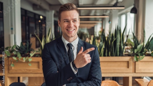 Young Man Pointing and Addressing with Confidence Demonstrating Effective Communication and Leaders
