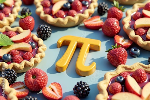 Golden pi symbol surrounded by fruit tarts, vibrant berries, and apple slices, arranged on a pastel blue surface, cheerful and festive design with a Pi Day theme photo