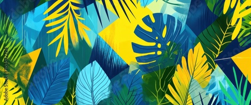 A vibrant and dynamic illustration of the Amazon rainforest, showcasing its lush greenery with geometric shapes like triangles and squares in shades
