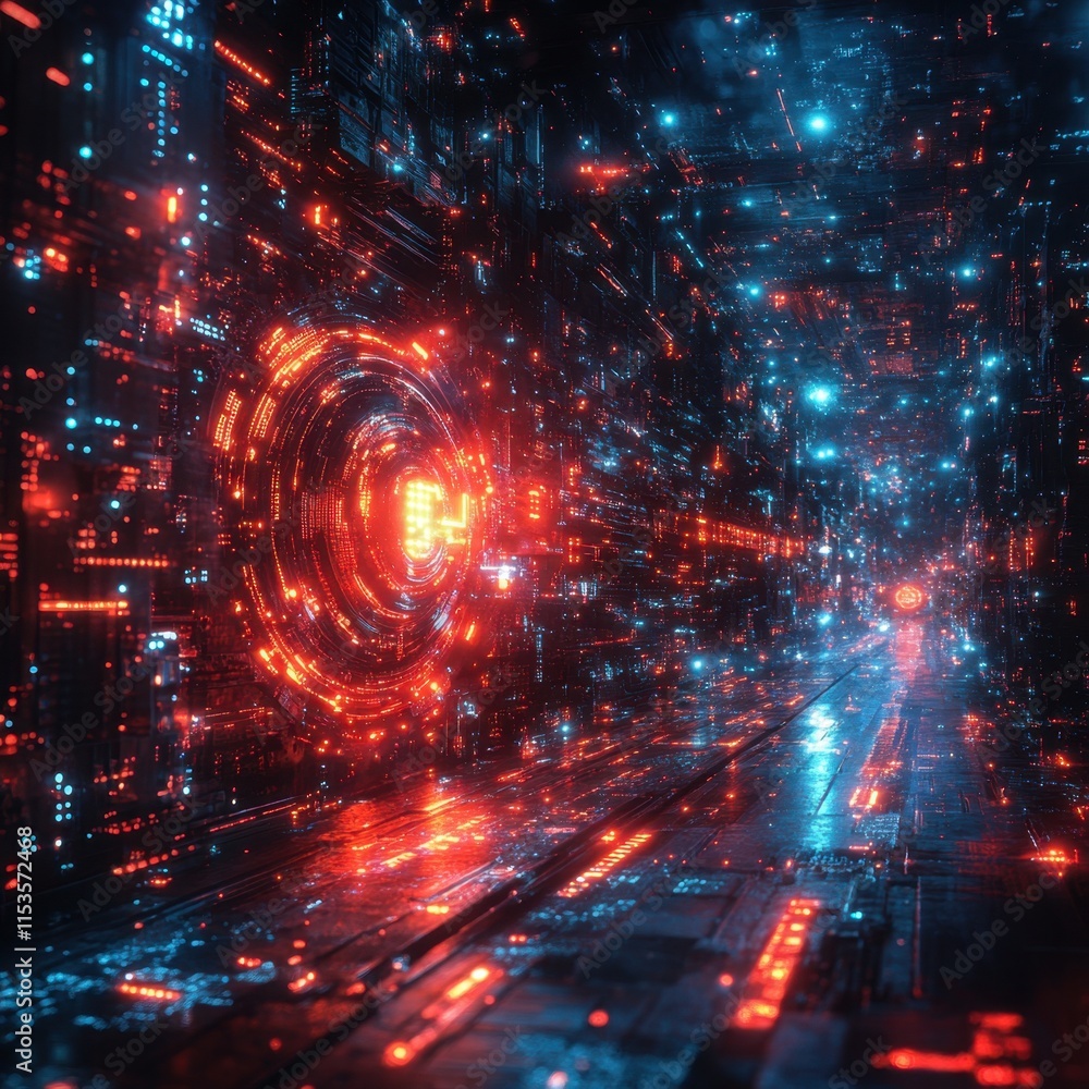 Fototapeta premium Futuristic Digital Landscape with Glowing Red and Blue Lights Representing Technological Connections in a Vast Cybernetic Environment