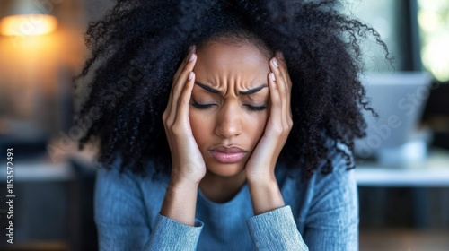 Woman with curly hair experiencing stress and anxiety