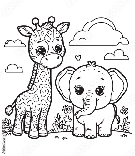 coloring book giraffe with cute elephant