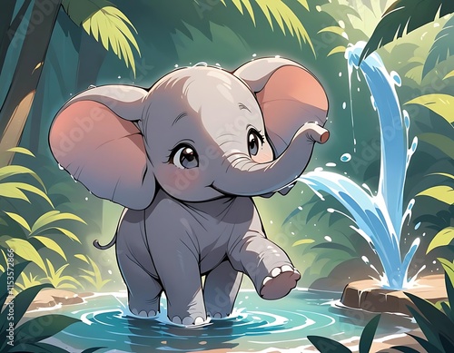 Adorable Baby Elephant Playing in Tropical Water photo