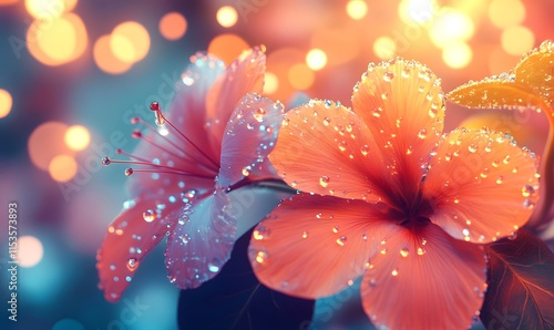 Dew-kissed flowers glowing in soft light.