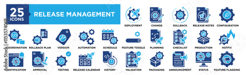Release Management icon collection set. Containing design release, management, process, technology, software, business, project	