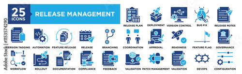 Release Management icon collection set. Containing design release, management, process, technology, software, business, project	