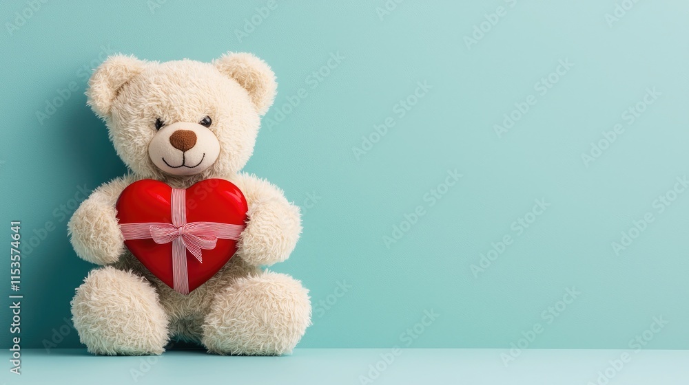 Fototapeta premium A cute teddy bear holding a red heart-shaped gift on a light blue background, perfect for expressing love and affection.