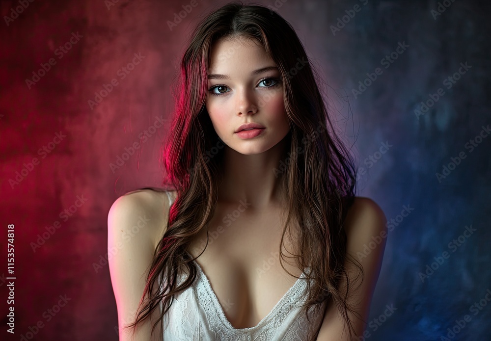 Beautiful young woman with long brown hair wearing a white dress, with red and blue lighting on her face Beautiful young woman with long brown hair wearing a white dress, with red and blue lighting on her face