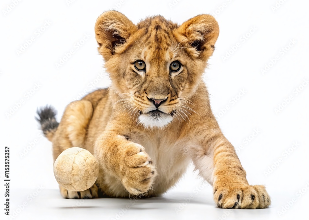 Playful Lion Cub Imaginary Game White Background Drone Shot Playful Lion Cub Imaginary Game White Background Drone Shot