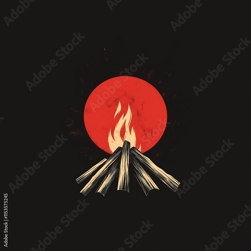 Logo, vector style, simple, dark background, silhouette of a bonfire with a red circle behind it, comic book style, flat design