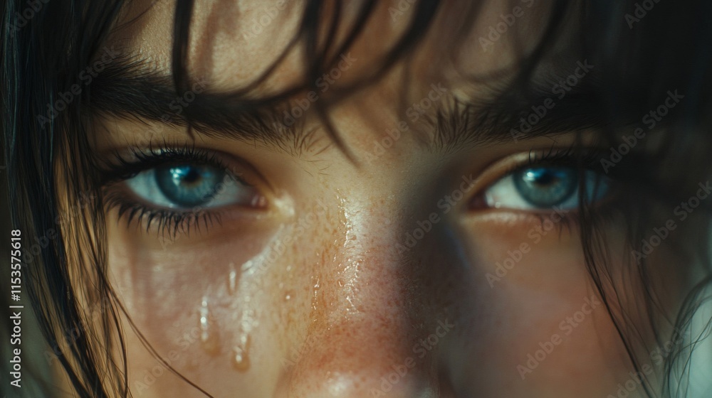 Close up of a young womans face showing sweat and emotion Close up of a young womans face showing sweat and emotion