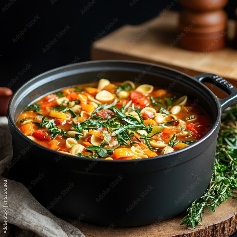 Cozy vegetarian minestrone soup cooking in a large pot warm kitchen setting fresh herbs warm lighting Cozy vegetarian minestrone soup cooking in a large pot warm kitchen setting fresh herbs warm lighting