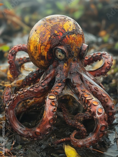 Captivating Close-Up of an Octopus on a Seashore Among Seaweed with Stunning Textures and Colors Showcasing Nature's Underwater Wonders in Marine Environment photo