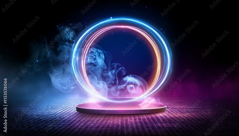 Obraz premium sparkling neon circle and podium with smoke