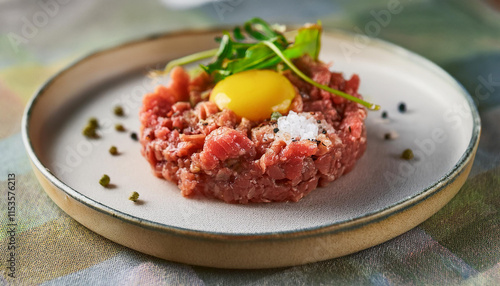 Delicious steak tartare. Finely minced raw beef blended with egg yolk. Tasty food for dinner. photo