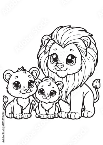 coloring book cute lion with baby pose 