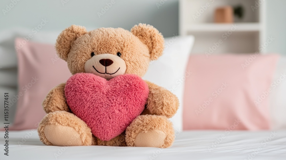 A cute teddy bear holding a pink heart sits on a bed, conveying warmth and affection in a cozy bedroom setting. A cute teddy bear holding a pink heart sits on a bed, conveying warmth and affection in a cozy bedroom setting.