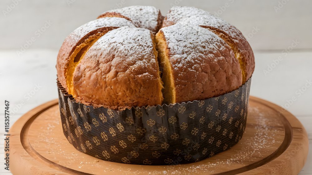 A photo of a Panettone with a golden-brown crust and a dusting of powdered sugar. A photo of a Panettone with a golden-brown crust and a dusting of powdered sugar.