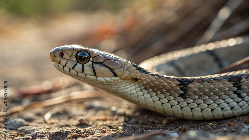 Fototapeta premium Queen Snake Skin Closeup: Delicate Brown & Gray Scales with Dark Crossbands, Bokeh Background