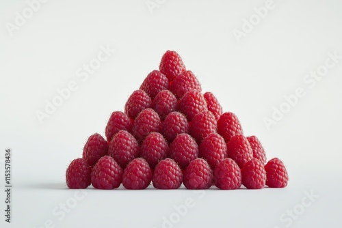 Small pyramids of fresh raspberries neatly stacked on a white background. photo