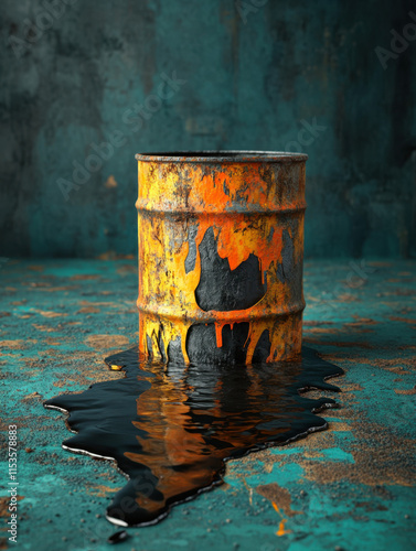 Oil barrel, A rusty barrel with vibrant orange paint sits on a textured surface, leaking dark liquid, evoking themes of decay and pollution. photo