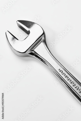 Photo of a chrome-plated wrench with a shiny surface. Placed diagonally against a pure white background.