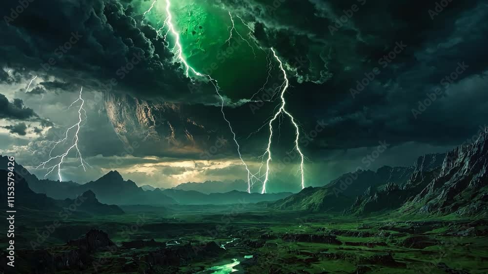 Video footage of dramatic landscape with green lightning bolts striking from dark, swirling clouds over a vast, mountainous terrain, creating an eerie and otherworldly atmosphere