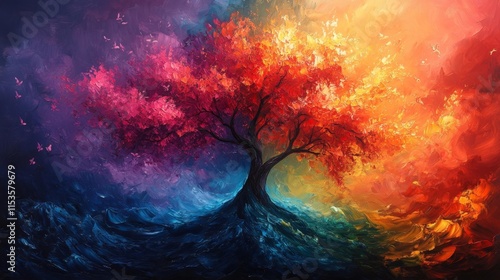 Abstract rainbow-colored tree in a vibrant oil painting. Generative AI photo