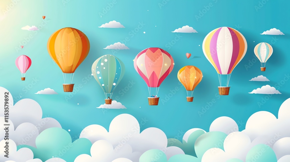A paper-cut style illustration of colorful hot air balloons flying in a blue sky. A paper-cut style illustration of colorful hot air balloons flying in a blue sky.