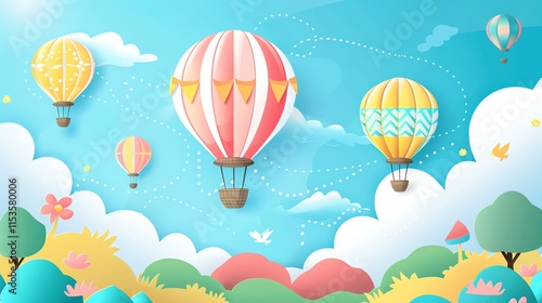A cartoon illustration of hot air balloons flying in a blue sky with clouds.