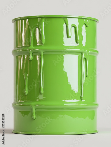 Oil barrel, A glossy green barrel with paint dripping down its sides, set against a neutral background. photo