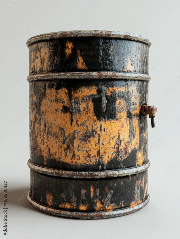 Oil barrel, A weathered black and orange barrel with a textured surface, showcasing signs of age and wear, set against a neutral background. Oil barrel, A weathered black and orange barrel with a textured surface, showcasing signs of age and wear, set against a neutral background.