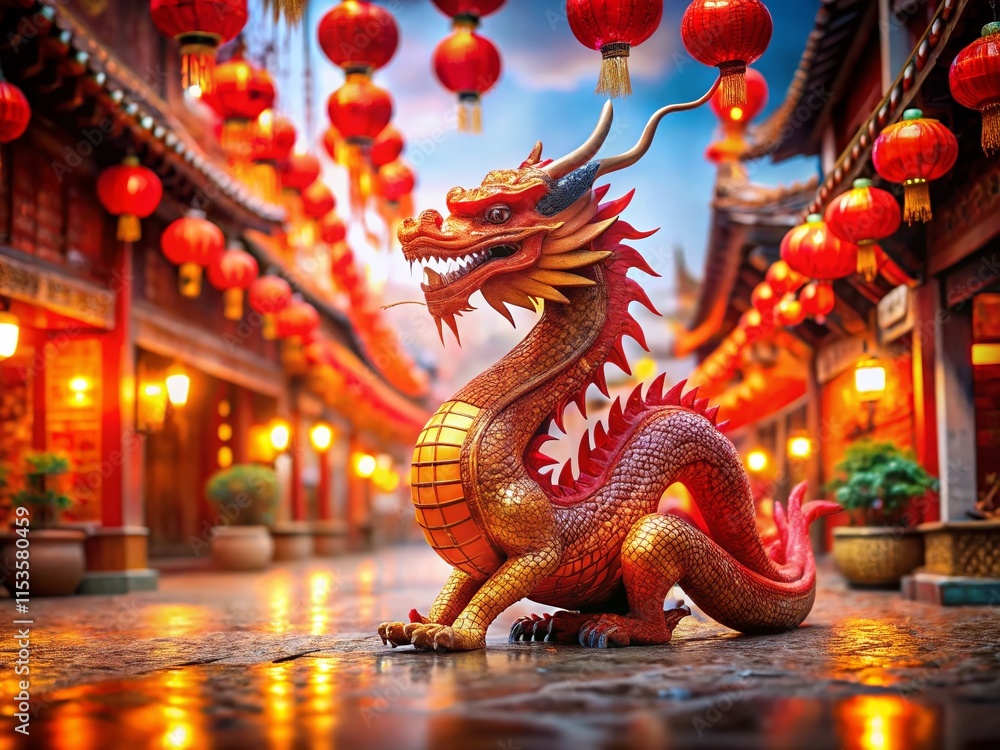 Fototapeta premium Red Dragon Figurine & Lanterns: Chinese New Year Symbol of Good Fortune
