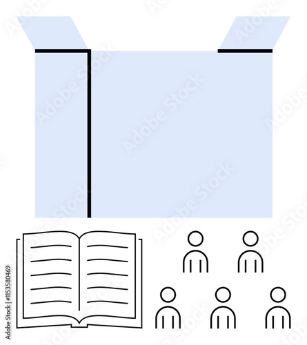 Opened box above book with text, and five user icons below. Ideal for learning, packaging, education, teamwork, community, reading, and group activities. Line metaphor