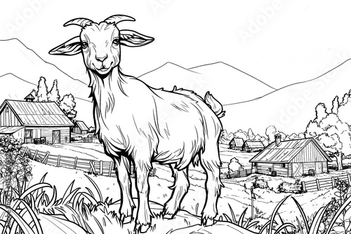 Black and white illustration of a cute goat in a farm. Kids coloring book page. Concept of rural farm lifestyle